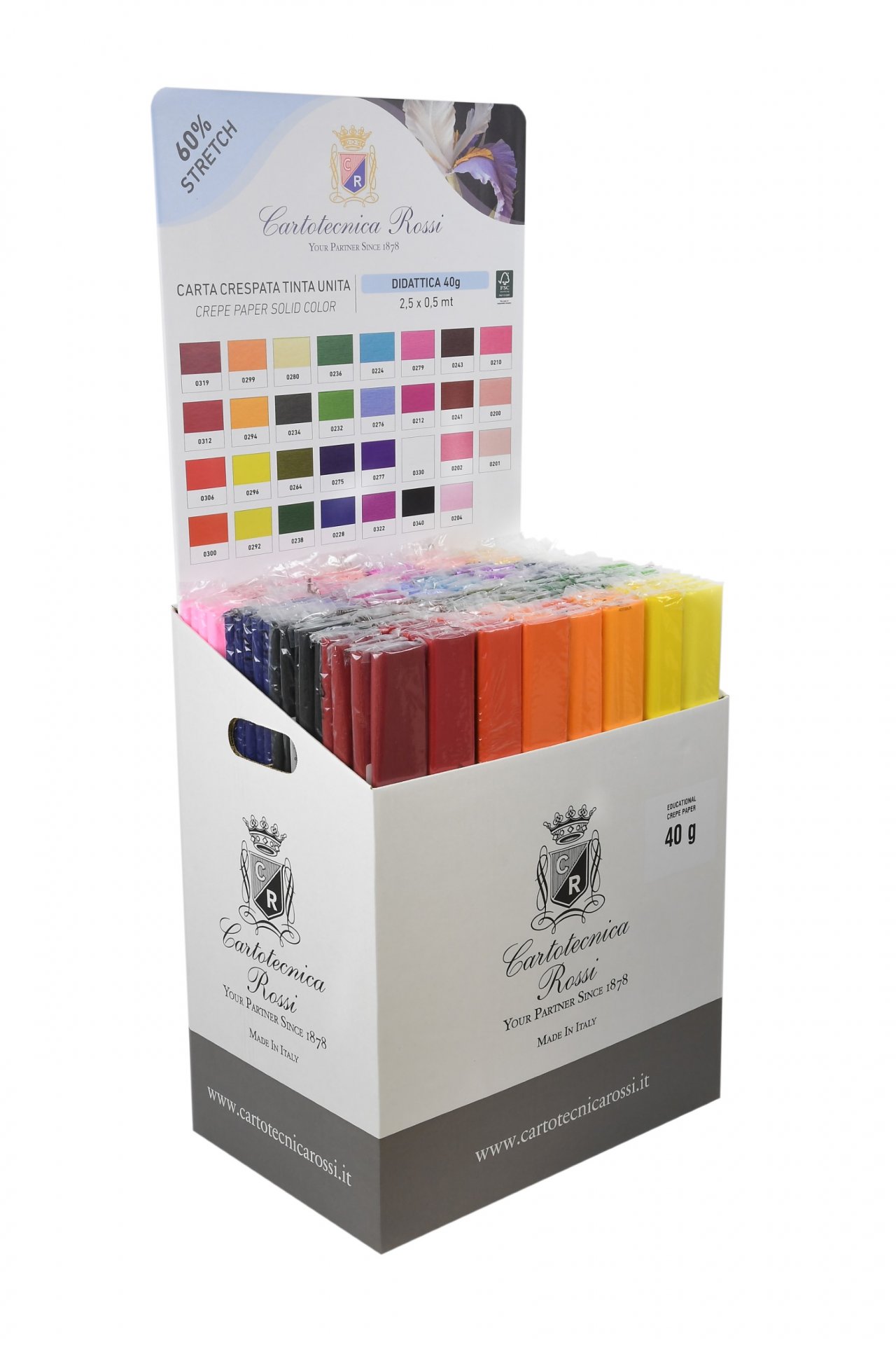 Assortimento Crespate 'Didattica' 40g (32 g/m²) 50x250 Tinta Unita - Scatola espositore da 160 pz