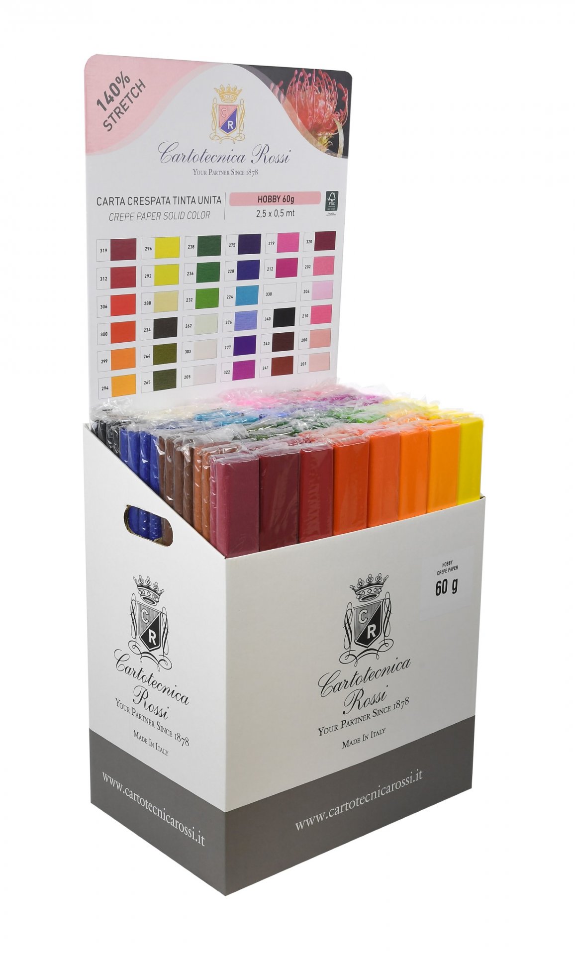 Assortimento Crespate 'Hobby' 60g (48 g/m²) 50x250 Tinta Unita - Scatola espositore da 128 pz