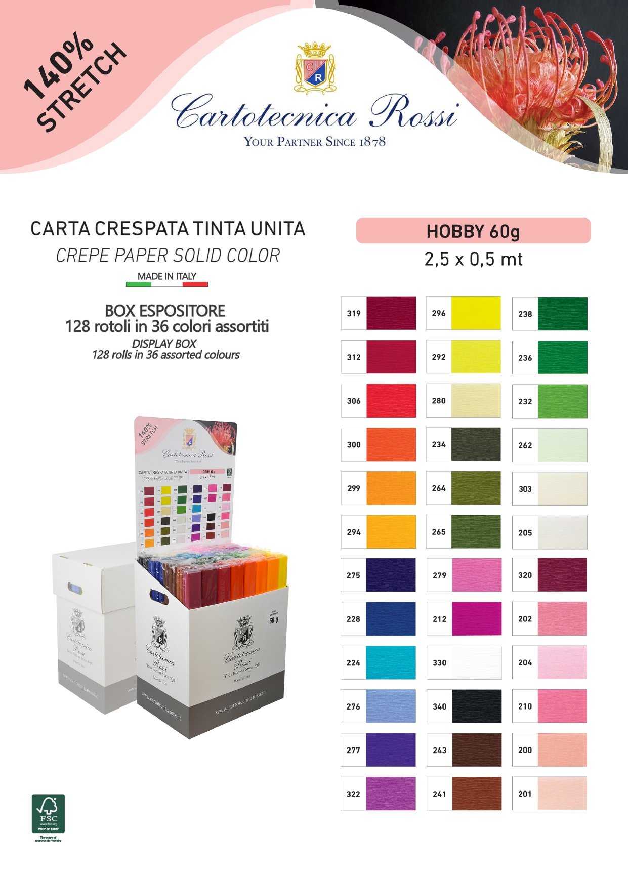 Assortimento Crespate 'Hobby' 60g (48 g/m²) 50x250 Tinta Unita - Scatola espositore da 128 pz