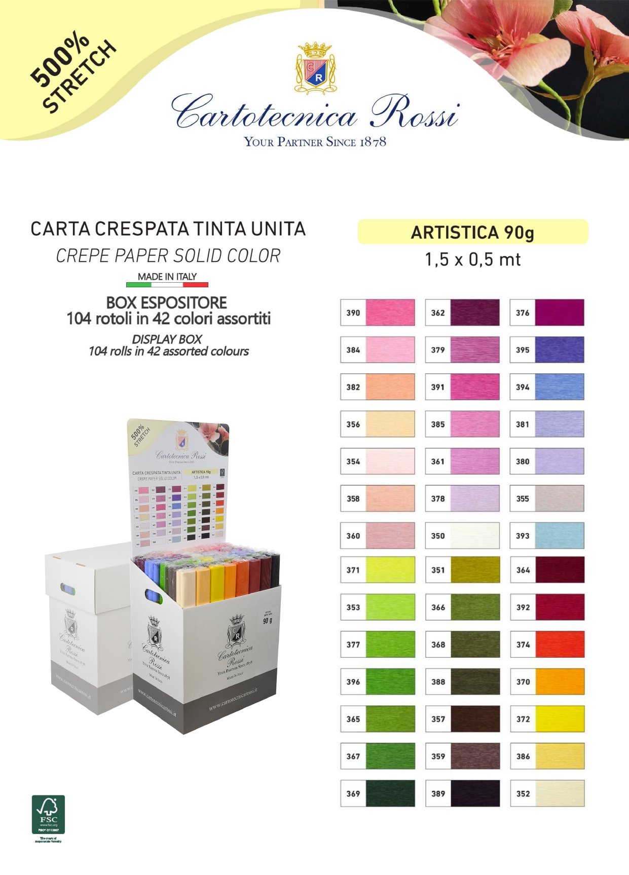 Assortimento Crespate 'Artistica' 90g (120 g/m²) 50x150 Tinta Unita - Scatola espositore da 104 pz