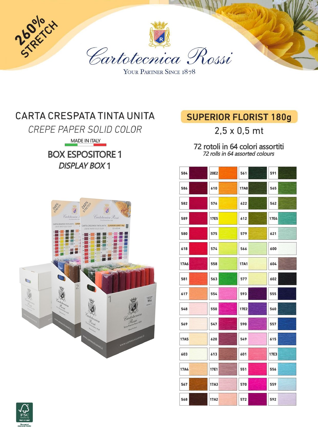 Assortimento Crespate 'Fioristi Superior' 180g (144 g/m²) 50x250 Tinta Unita - Scatola espositore 1 di 2 da 36 pz